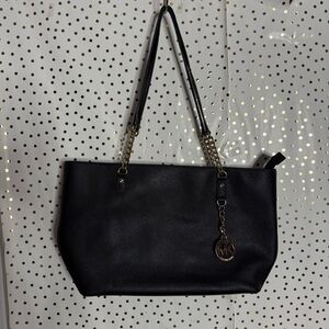 Michael Kors Black Leather Tote with Gold Accents